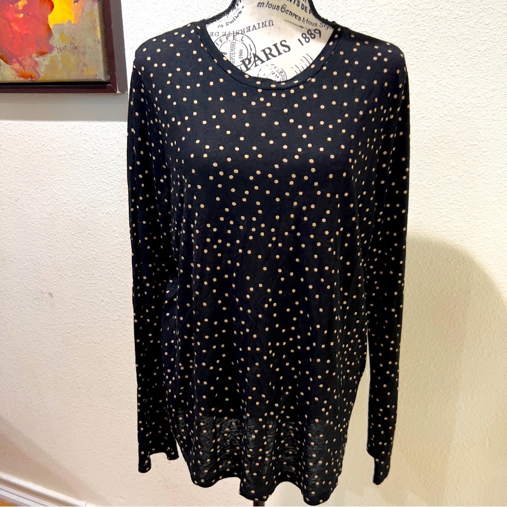 Whowhatwear black polka dot linen blend lightweight long sleeve top Sz XL